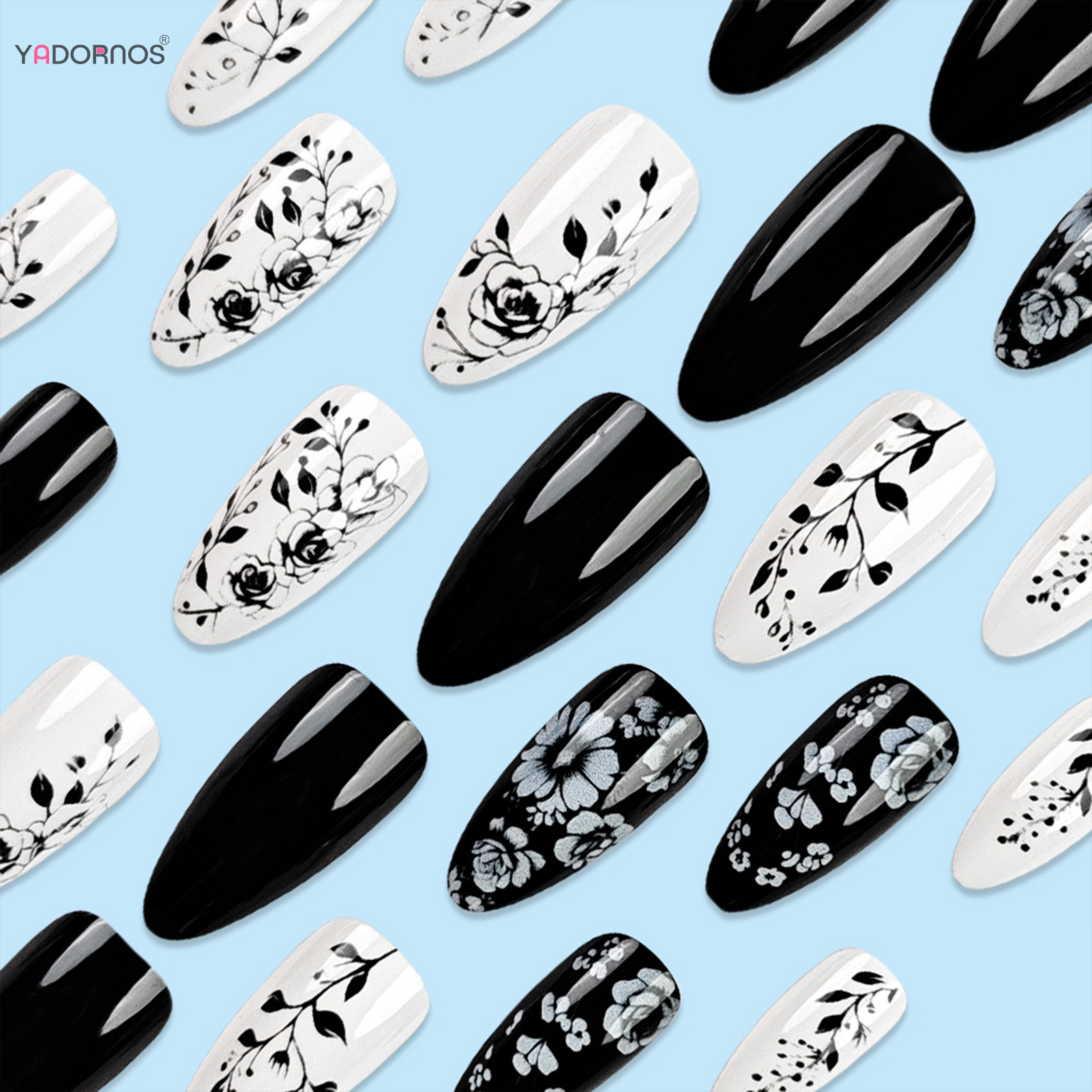 24Pcs Almond Fake Nails Black/ - Pressed Flower Art 리뷰 및 가격