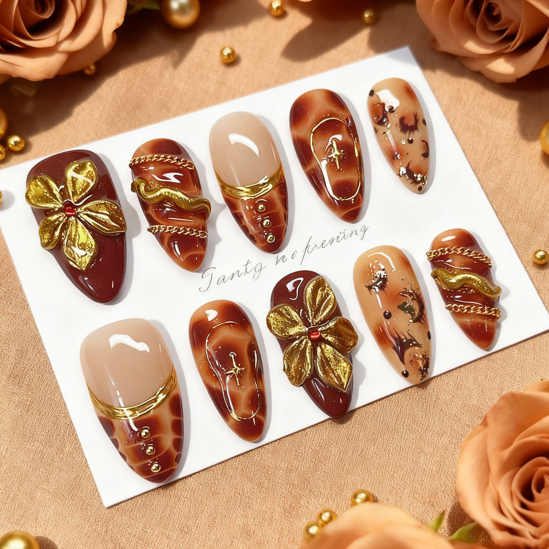 24pcs Flower False Nails Brown - Pressed Flower Art 리뷰 및 가격