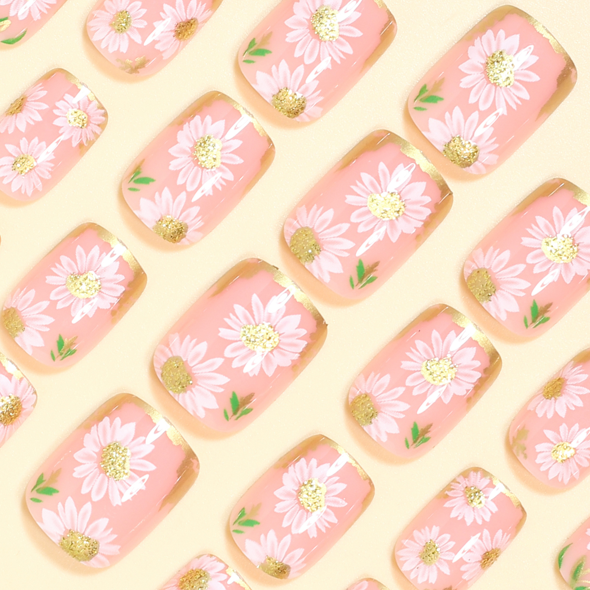 Short Square fake nails golden - Pressed Flower Art 리뷰 및 가격